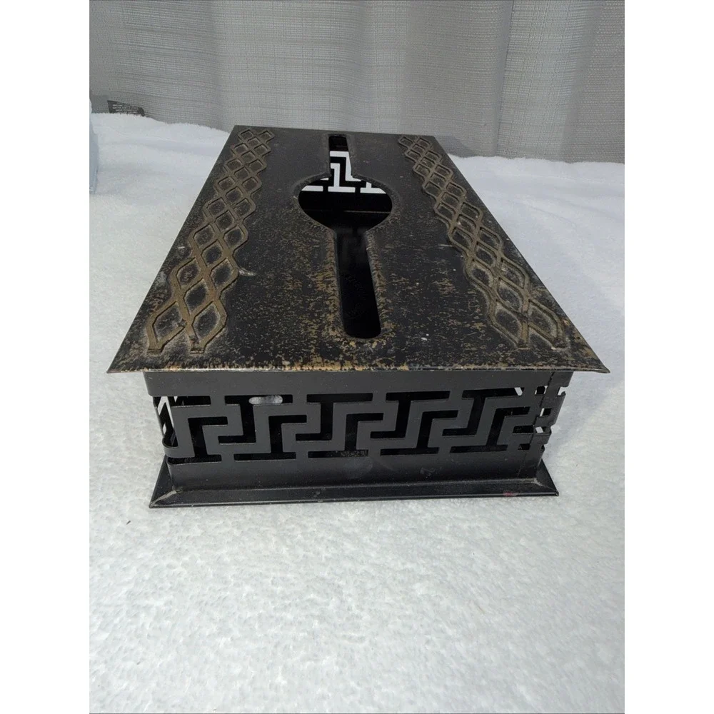 Plymouth Tole Ware Metal Hand Decorated  Black & Gold Wall Tissue Box Cover Long